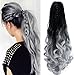 22" Claw on Ombre Two Tone Synthetic Curly Wavy Ponytail Hair Extensions Natural Black to Silver Grey