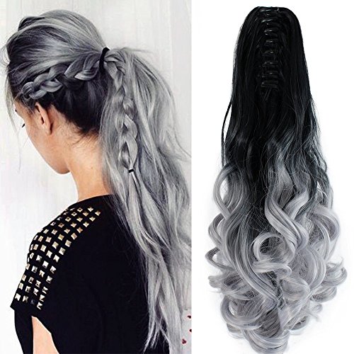 22" Claw on Ombre Two Tone Synthetic Curly Wavy Ponytail Hair Extensions Natural Black to Silver Grey