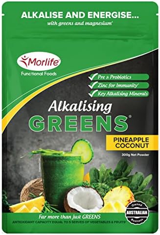 Morlife Alkalising Greens Pineapple Coconut 300g - 21 Super Greens, Fruits and Vegetables, Pre &amp; Probiotics, Key Alkalising Minerals, Vegetarian Greens Powder, Pineapple Coconut, 30 serves