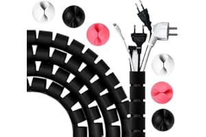 BUSSA MUSSA Organizador de Cables Flexible de 2,5m x 20mm para Esconder Cables Color Negro + 6 Organizador Escritorio Sujeta Cables Adhesivo para Organizar, Accesorios Escritorio
