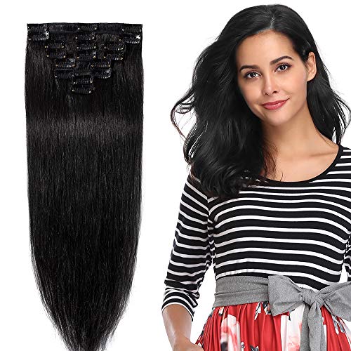 S-noilite® Extensiones de clip de pelo natural cabello humano #01 Negro - 100% Remy hair - 8 piezas 18 clips (40cm - 65g)