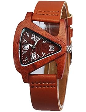 PSW Bambus-Holz-Uhren für Männer und Frauen arbeiten Dreieck echtes Leder analoge Quarz-Armbanduhr