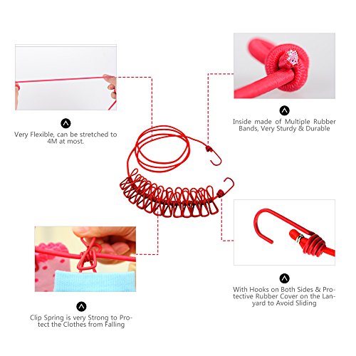 Aosbos 185-380cm Flexible Wäscheleine mit 12 beschichteten Klammern und 2 Haken für Reise, Camping, Hof, Hotel - 5