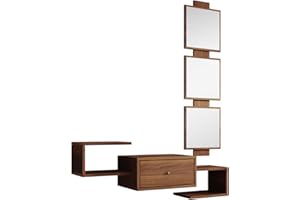 MB Muebles Bonitos, Recibidor Colgante Neo con Espejo y Cajón, Diseño Moderno, Melamina Mate, Color Nogal Ambar, 99,5x145x29,5 cm