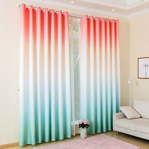 KINLO 2 Panels Eyelet Blackout Curtains 145 x 245 cm Gradient Color - Pink/White/Green Thermal Insulated Top Eyelet Anti-noise Blackout Curtains with Ruffle Heavily Curtain