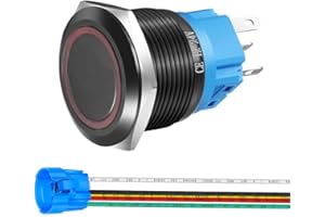 Gebildet 22mm Momentan Edelstahl-Taster,12V–24V, LED, 1NO 1NC, SPDT, ON Off, Wasserdichter Knopf mit Kabelsteckdose (Rot LED und Schwarzes Gehäuse)