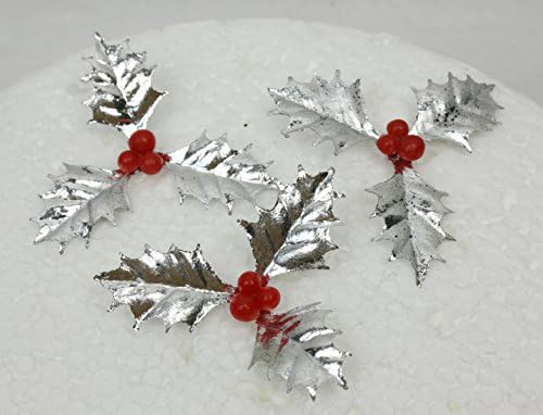 10 x Silver Holly &amp; Berries Christmas Cake Decoration