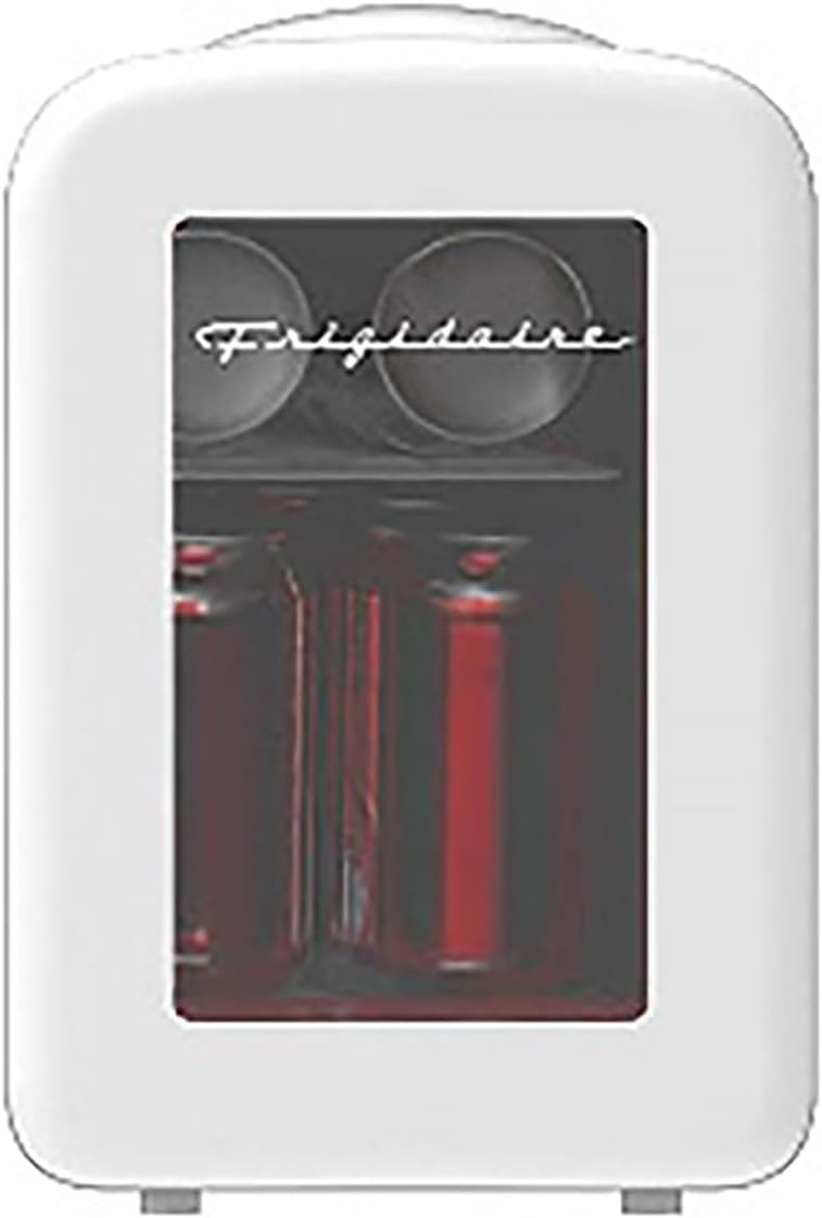 Frigidaire White Mini Personal Fridge Cooler, Transparent Door, 1 Gal Capacity fits Six Cans, Includes Plugs for Home Outlet & DC Charger - 9.84" D x 7.09" W x 10.35" H