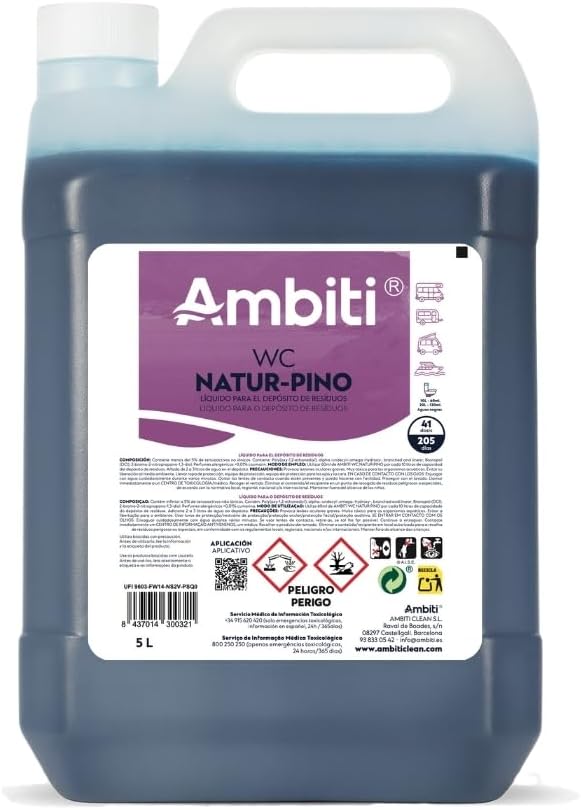 Ambiti | Natur Pino 5L | Aditivo para Depósito de Residuos Aguas Negras | Inodoros Portátiles de Autocaravanas, Caravanas y Barcos | Elimina Olores,residuos y Desinfecta | Fragancia a Pino