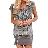 ZIYOU Boho Sommer Minikleid Damen, Strand Retro Vintage Kurz Kleider/Geblümt Lange Bluse Oberteile (Grau, L)