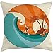 Produktbild Throw Pillow Ride The Wave Cushion Cover, Retro Man Surfing at Beach Island Coconut Palm Trees Illustration, Decorative Square Accent Pillow Case, Orange Teal Ivory 20 X 20 Inches