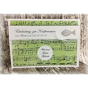 Einladung Einladungskarte Kommunion Konfirmation Musik Melodie Fisch silber grün apfelgrün kiwi hellgrün