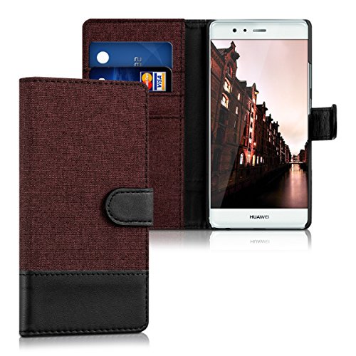 kwmobile Funda para Huawei P9 - Wallet Case plegable de cuero sint  tico - Cover con tapa tarjetero y soporte en rojo oscuro negro