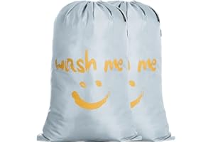 IHOMAGIC 2Pack Sacchi da Biancheria, Grandi Sacchetto di Lavaggio Coulisse Pieghevoli Borsa da Lavanderia Viaggio Cesta Biancheria Sacco Corda Sorridente d'oro per Camera Apartamento, Argento