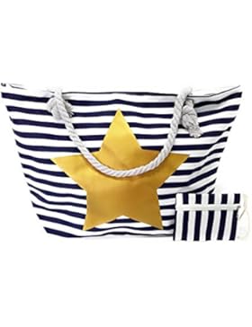 Strandtasche XXL mit Reißverschluss. Damen Strandtasche Groß mit Stern + GRATIS Geldbörse gestreift, Verschiedene...