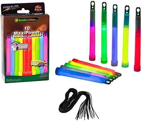 10 MaxiPower Glow Sticks 5-Color Mix (150x15mm), Test Score: 1,4 'Very Good', Complete Set incl. 10 Safety Cords & Special Double Hook, Factory-Fresh Premium Professional Quality Goods
