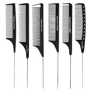 Beaute Secrets 6 Piece Comb Set Black Carbon Fiber And Stainless Steel Pintail Chemical And Heat Resistant Teasing Comb Lightweight Rat Tail Comb For All Hair Types