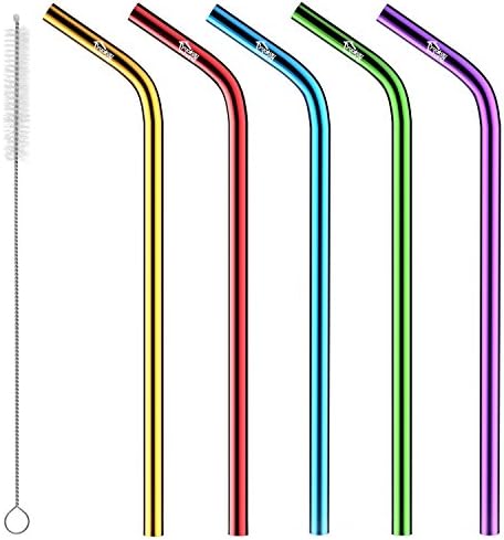 YOUKEE 5 PCS Bent Wide Smoothie Straws with a Cleaning Brush, 10.5" Long Metal Reusable Drinking Straws for Bubble Tea, Thick Shakes, Juice