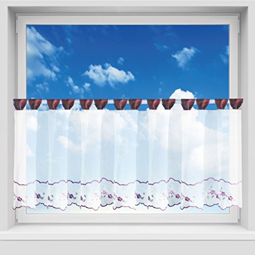 Gardinenset Voile mit Stangendurchzug Serie: Satin, Auswahl: weinrot – Blumen bestickt 5-teilig - 2