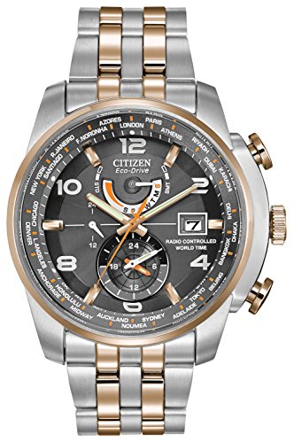 Citizen Watch World Time A.T Men's Quartz Watch with Grey Dial Analogue Display and Multicolour Stainless Steel Plated Bracelet AT9016-56H