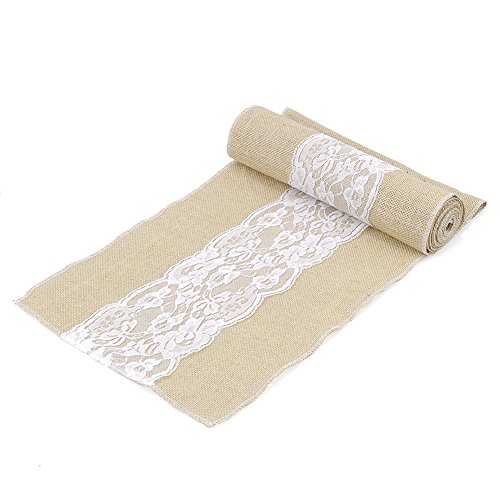 ZM® chemin de table toile de jute et dentelle burlap aappes decoration mariage maison fête etc (L)