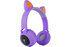 TECHMADE - Cuffie Bluetooth con Orecchie di Gatto | LED Luminosi | Microfono Integrato per IOS/Android/PC | Modalità Radio FM | Compatibili con SD Card e Cavo Jack | Colore Viola