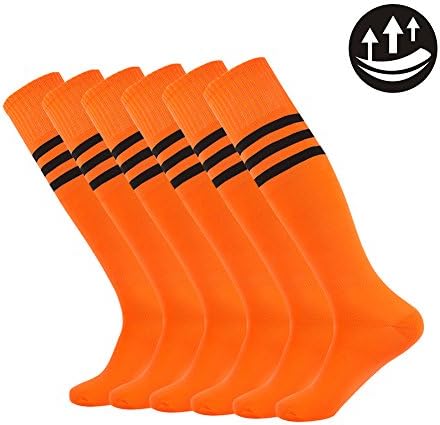 Fancy Fan Football Sports Socks Unisex Knee High Triple&amp;Classic Plain Athletic 2-12 Pairs (6 Pairs-orange and Black Striped)