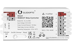 GLEDOPTO Contrôleur LED Matter RGBCCT 20 A max. pour bande LED analogique PWM Contrôle vocal via application RGBW RGB dimmable Compatible avec Homekit Google Amazon Echo Alexa (Matter Hub requis)