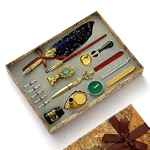 HASTHIP Quill Pen Ink Wax Seal Stamp Gift Set, Feather Pen Ink Set Includes Feather Dip Pen,Ink,5 Replacement Nibs,3 Wax Seal Sticks,Pen Nib Base,Seal Stamp, White Wax,Spoon, Valentine Gift (Blue)