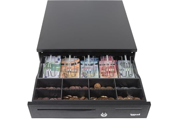 iggual Tiroir porte-monnaie IRON-20, caisse enregistreuse manuelle ou automatique RJ11 (12 V), compartiment x4 billets et 8 pièces, serrure 3 positions verrouillage, 42 x 40,5 x 10 cm, boîtier en