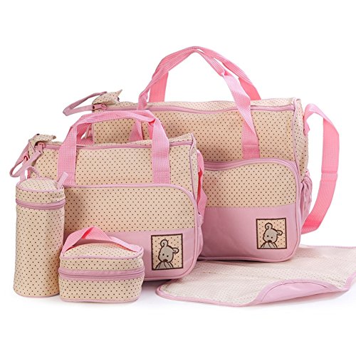 GSPStyle Women Nylon Oxford Nappy Bag Diaper Bag Changing Bag 5pcs In Pack Pink