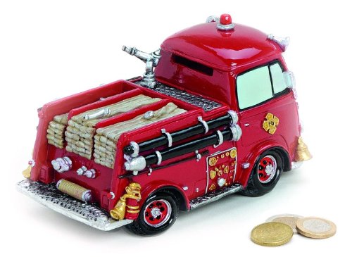Spardose Feuerwehr Auto 17x10x9 cm groß aus Polystein rot, Gelddose Sparbüchse verschließbar mit Gummipfropfen, Geschenk Junge Feuerwehrmann Geburtstag - 2