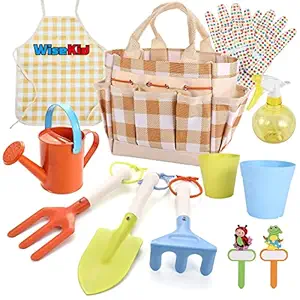 Wisekid Kids Gardening Tool Set, 12-Piece Includes Kids Size Fork, Trowel, Rake, Apron, Gloves, Watering Can, Tote Bag, Plant Pot and Tags, Wooden Handle and Durable Design, Gift for Boys and Girls