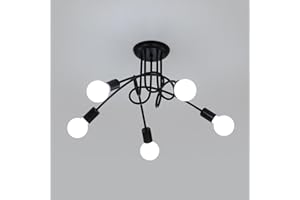 Riserva Plafonnier Industriel, 5-Lumières Luminaire Plafonnier en Fer, E27 Vintage Lustre, Noir Éclairage de Plafond pour Salon Chambre Cuisine (Sans ampoules)