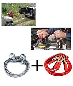 Kozdiko Combo of 500 Amp Heavy Duty Jumper Booster Cables 7.5 Feet, Steel Towing Cable Rope 5000kgs 10mm