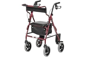 DAYS Four Wheeled Rollator Walker with Breaks, Foot Rest and Basket, Mobility and Support Aid for Elderly, Disabled and Handicapped Users, Burgundy