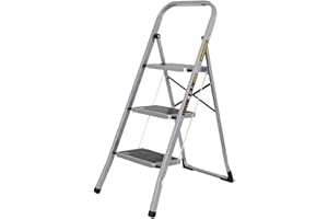 Step Ladder Heavy-Duty Steel, Non-Slip Rubber Steps, Anti-Slip Feet, Compact Platform With Handle, Safety Folding Ladder With 150KG Max Capacity TOUGH MASTER (3 Steps)