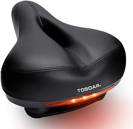TOSOAR Comfortable Wide Bike Seat with LED Taillight Memory Foam Padded Dual Spring Designed Soft Breathable Bicycle Saddle seat Including Water&Dust Resistant Cover