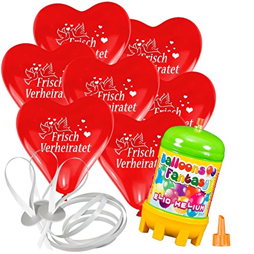 Helium Ballon Set Hochzeit – Just Married – Frisch verheiratet oder 2 Herzen in Rot und Weiß – 10-500 Ballons 30cm Durchmesser + Heliumflasche + Ballonverschlüssee - 2