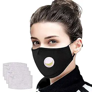 Tdas N-95 N-99 PM2.5 Washable Reusable Anti Pollution Cotton Mask with Filter for Men and Women - 1 Mask with 2 Bags Filters (4 Filters, Black, With Valve)
