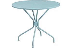 Flash Furniture Muebles Flash Oia-Mesa Redonda de Acero de Grado Comercial Pulgadas para Interiores y Exteriores con Agujero para Paraguas, Metal, Azul Celeste, 35.25" Round