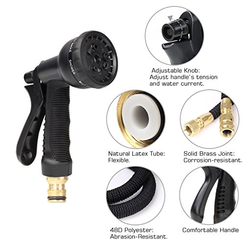 Nuovoware Gartenschlauch, 5M Garten Schlauch Wasserschlauch Gartenteichschlauch mit 8 Spray Modi und abnehmbare Düse für die Bewässerung, Autowäsche, Messing Ventilverbinder + Latex Innenrohr + Polyester Schlauch Gurtband, Schwarz - 2