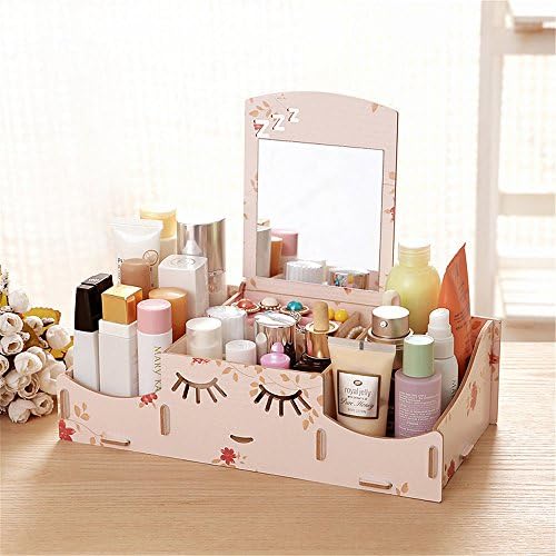 Qearly Lovely Removable Desktop DIY Wood Jewelry Box Makeup Organizer Cosmetic Storage Containers With Mirorr-Flower
