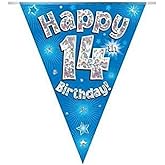14th Birthday Decor Happy 14th Birthday Pink Holographic Bunting - 11 Flag Party Decor 3.9m Long 3.9m Party Decorations