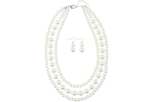 Borsgye Women's Flapper Glamour Pearl Set - 19 Round White Simulated Pearl Necklace & Earrings - 16 Inch Chain - Lobster Clasp - Art Deco - Wedding, Anniversary, Prom, Homecoming, Christmas - 2 Count