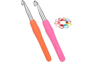 Coopay, set di 2 uncinetti in metallo da 9,0 mm e 10 mm con segnapunti, uncinetto ergonomico con impugnatura morbida per mani artritiche, manico colorato in TPR