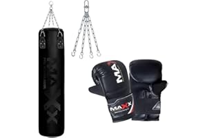 MAXX PRO BOXING GEAR Maxx Punch Bag Boxing Set BLACK 3FT 4FT 5FT 6FT Heavy Filled Punchbag Gloves with Bracket or Hook Full Black