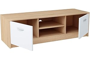 MATKAM Cassettiera TV 2DC H36 x 120 x 41 cm, piastra laminata 16 mm, due ripiani con ante sinistra e destra, al centro uno scaffale, cerniere in metallo, maniglie satinate (rovere Sonoma – bianco)