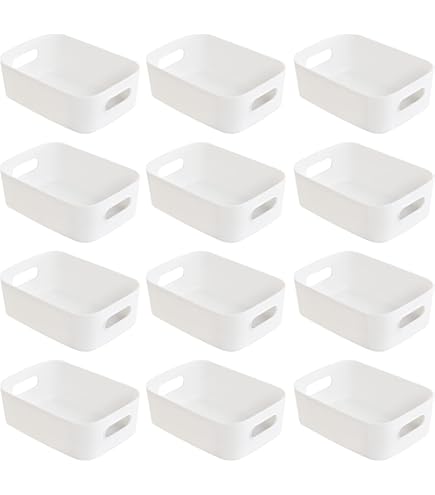 OSTWOLKE 6 stuks opbergdozen wit, kunststof opbergmand zonder deksel, ademende opbergdozen met handgrepen van massief hout, dozen opslag plastic doos