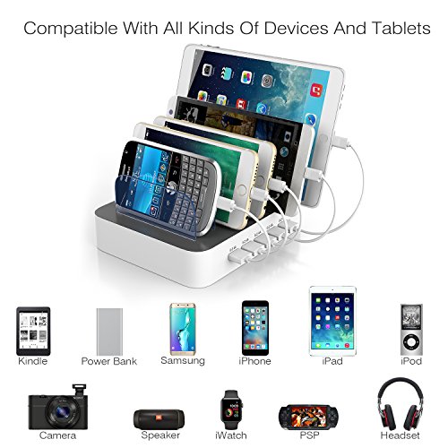 IMLEZON Stations de charge 5 Ports USB Multiport Support Chargeur Station et 5 C  bles pour iPhone iPad Smartphones et Tablettes  Blanc 